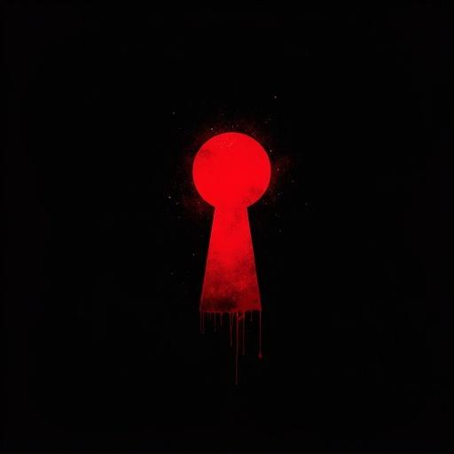 Minimalist logo featuring a stylized keyhole. Vibrant blood-red color against a pure black background. Subtle red ink splatters around the keyhole. Design inspired by mystery and suspense.