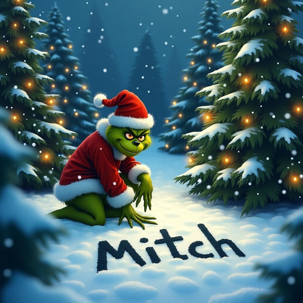 A green creature in a red Santa suit is outside in the snow. Christmas trees with lights surround the creature. The creature is writing the name Mitch in the snow.