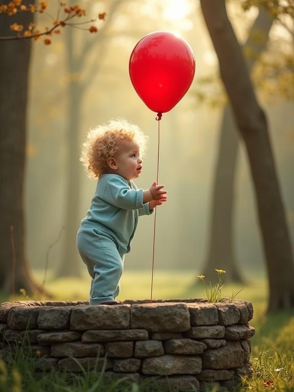 A heartwarming scene shows a baby standing on a stone wall. The baby has curly blonde hair and wears a light blue onesie. The baby leans forward, reaching for a bright red balloon. The balloon is tied to a string dangling into an old well. Soft sunlight filters through tall trees in the background. The baby's expression shows curiosity and wonder in a serene outdoor setting.