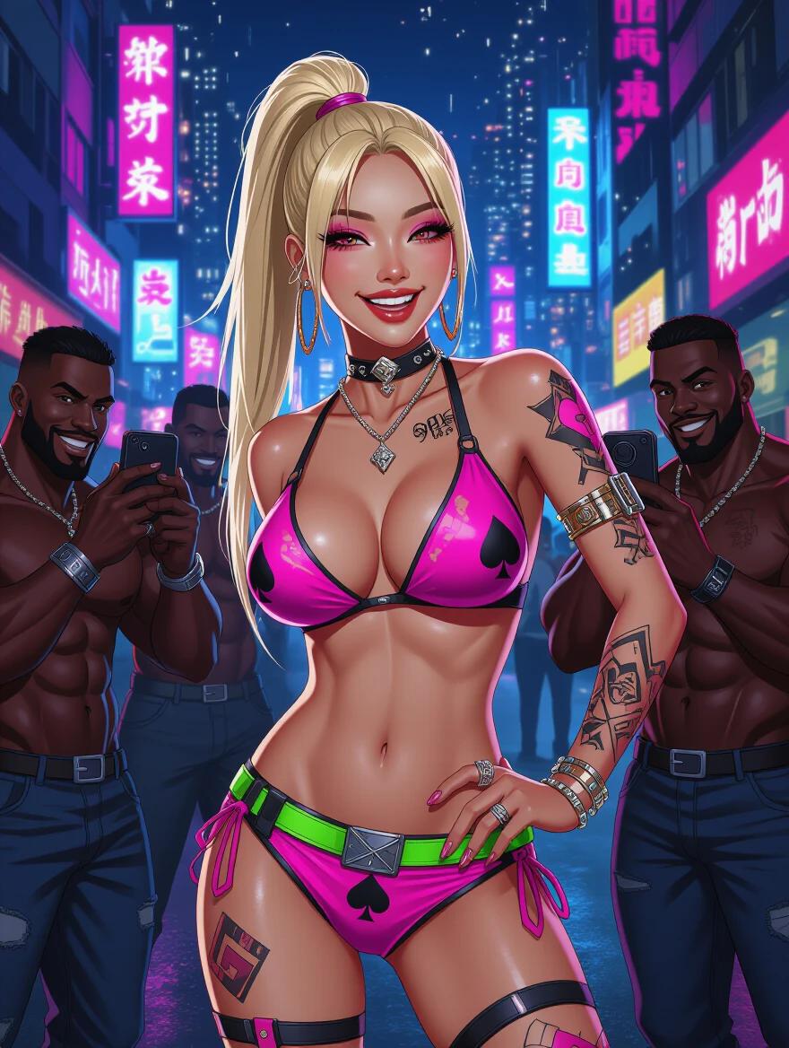 Busty Asian cyberpunk model in bright edgy bikini. Night city street illuminated by neon lights. Slim waist with high blonde ponytail. Bright makeup and queen of spades tattoos. Surrounded by muscular black men taking pictures with sly smiles. Comic-style illustration.