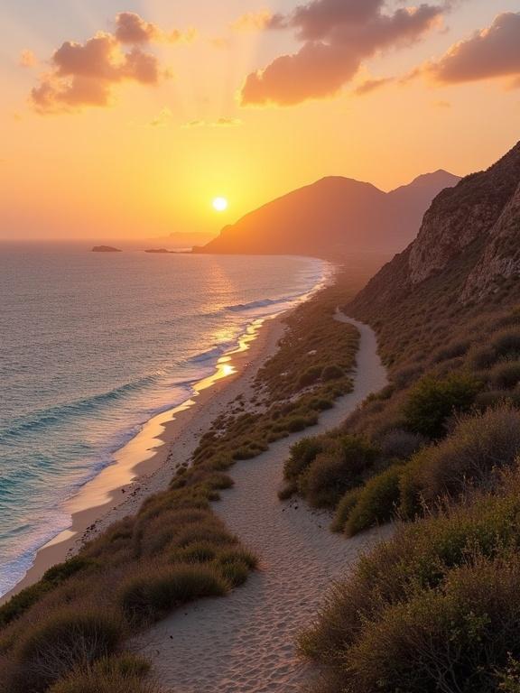 A scenic view of sunset on Socotra island. Rugged coastline with sandy beach. Warm orange and blue tones in the sky and sea. Vegetation covers the land. Sun setting behind the mountains. Clear water and dramatic landscape.