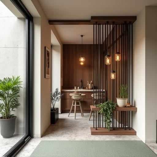 Contemporary kitchen entrance shown with 8-foot width and 11-foot ceiling height. Features a 10-inch-wide hanging partition made from matte black iron and warm walnut wood. Linear pendant lights illuminate the space with ambient warmth. Decor includes integrated shelves and greenery, creating a minimalist yet inviting atmosphere.
