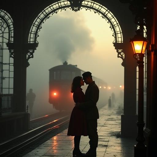 Foggy 1940s European train station at dawn. Intricate wrought-iron arches frame the scene. Steam rises blending with fog. Two lovers embrace near the train. Warm amber glow from dim lanterns backlights them. Partially visible departing train with fading red tail lights. Woman in faded red coat holds leather diary. Man in weathered soldier’s uniform. Dust motes illuminated by golden backlight. Atmosphere reflects bittersweet wartime cinema.