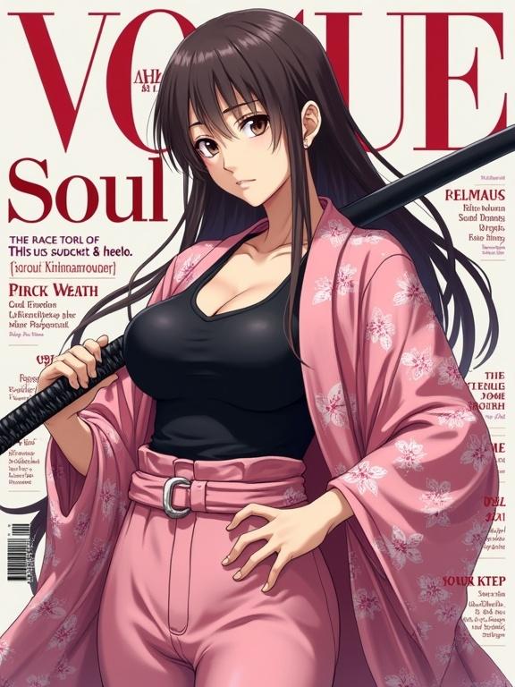Female character inspired by Shunsui Kyōraku wearing pink kimono and black undershirt. One hand on hips and other resting on katana. Long straight hair and sleek calculating facial expression. Background resembles fashion magazine with subtitle 'SOUL SOCIETY'.