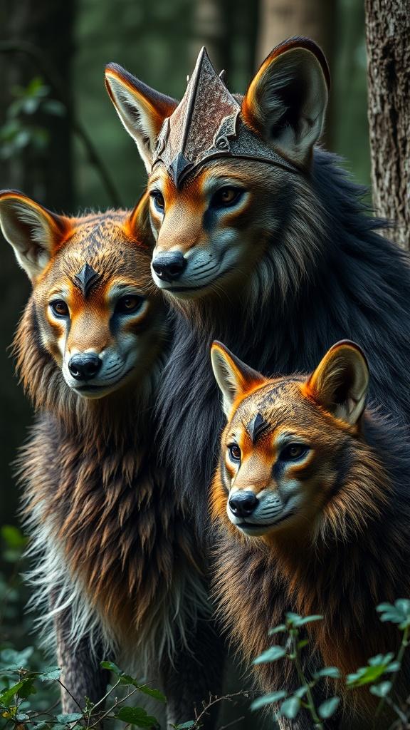 This enchanting image depicts a trio of regal, wolf-like creatures with majestic fur and noble expressions. One of them is adorned with an intricately designed metallic crown, adding an air of royalty. The setting appears to be a lush forest, providing a backdrop of natural elegance that complements the serene and powerful presence of the animals.