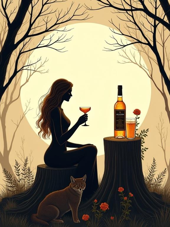 A modern goddess sits in a moonlit forest. She holds a cocktail glass with a shimmering elixir. A bottle labeled ALFRUNO rests on a stump nearby. A lynx observes her. Roses and rosemary accent the scene. The style features bold black outlines and a uni-beige backdrop.