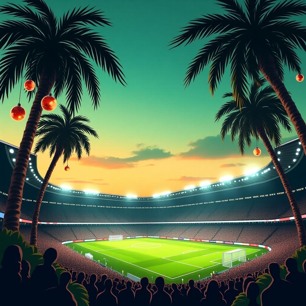 Vibrant soccer stadium at dusk. Surrounded by lush palm trees. Sky features shades of green blending into sunset. Subtle Christmas ornaments hanging from palm trees. Stadium illuminated with cheering crowd. Field glows under bright floodlights.