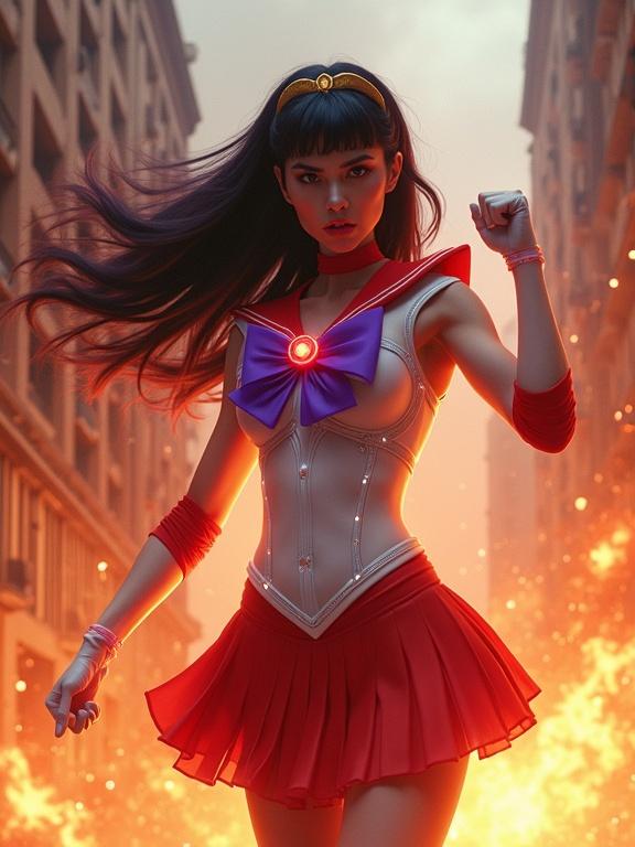 Sailor Mars stands in a fighting stance one arm pointing forward one leg raised. She wears a futuristic red-and-white sailor outfit with a translucent white blouse and pleated red skirt. A golden tiara with a red gem is on her forehead. Fire surrounds her as she exudes determination. Background features urban ruins and smoke. Hyperrealistic image with dramatic lighting.