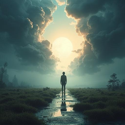 Person stands at the center of two different realities. One side is bright with a glowing sun. The other side is dark with moody clouds. Landscape features grass and a pathway. Image has a square ratio and 4K quality.