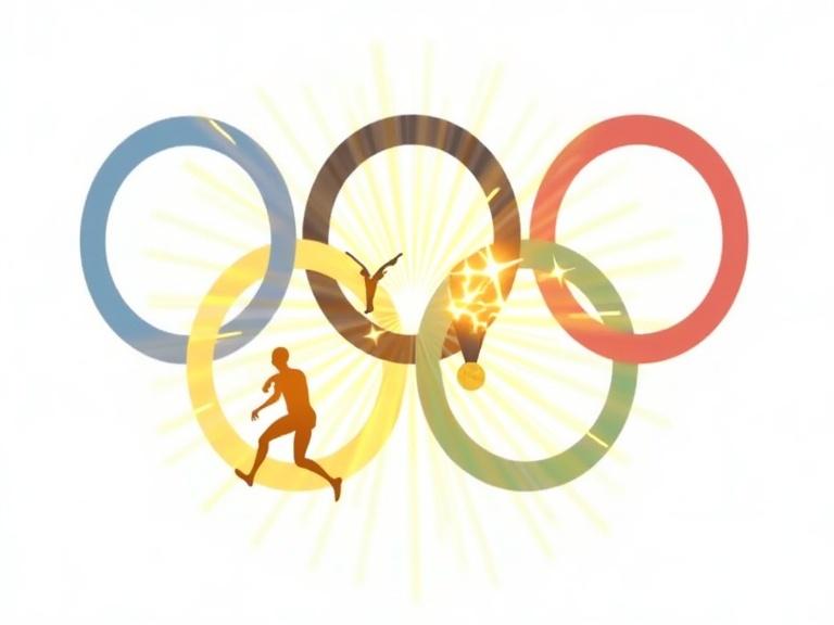 Vibrant thumbnail illustration depicting Olympic rings in iconic colors with a glowing torch, gold medal, and running athlete. Bright energetic colors create excitement and pride. Starburst effect enhances celebratory feel. Include bold text overlay 'Olympic Legacy Unleashed!' in contrast font.