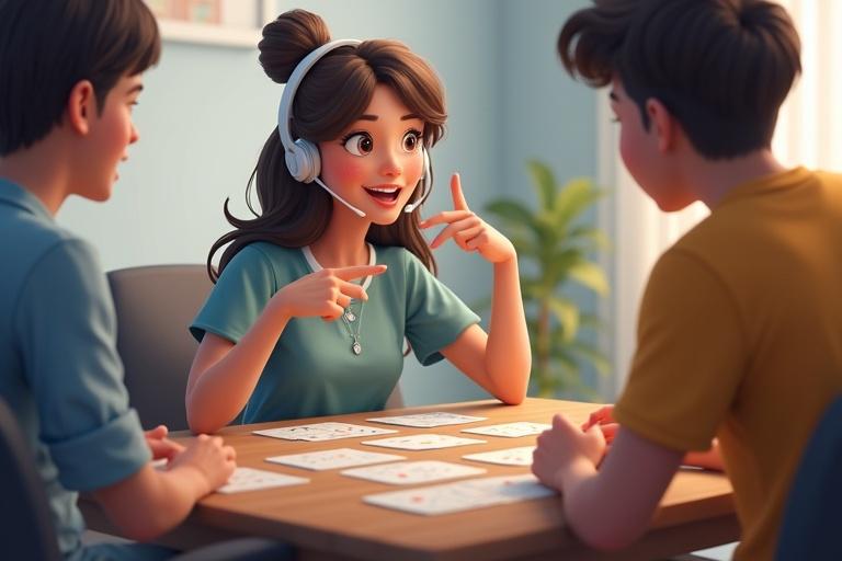 Lively scene with young woman wearing headset engaging in conversation. Two young men at a table focused on cards. Characters demonstrate strategic gestures and expressions.