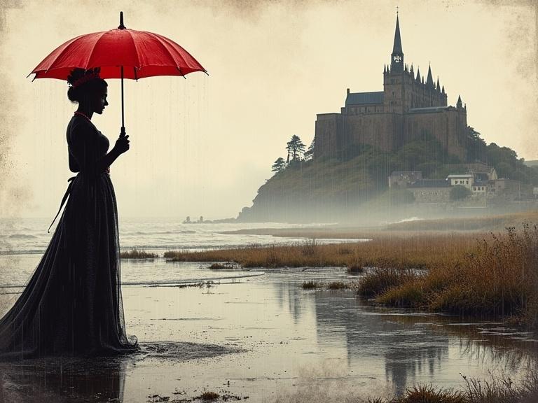 Silhouette of a woman holding a red umbrella near a coastal landscape with a castle in the background. Overcast weather creates a moody atmosphere. The scene captures a sense of quiet luxury and elegance.