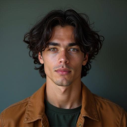 High quality dslr photograph of Daniel Maslany. Direct frontal view of a young man wearing a brown jacket. Background in dark green color. Hair is styled in loose curls. Minimal distractions around subject.