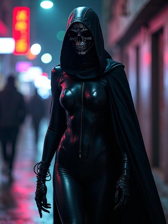 In a neon-drenched alleyway a figure emerges as a spectral enforcer. Kai Tessa wearing a black nanotechnology body suit. The suit adapts to surroundings. Exterior male appearance is projected. The figure has a skull-like visage. A hooded cape flows from her shoulders. The suit mends damage and injects healing agents. She can summon melee weapons. A relentless force in a dangerous world.