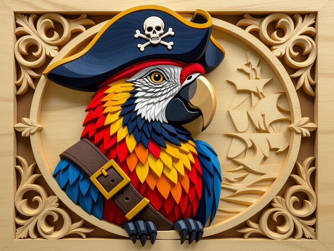 A detailed marquetry relief showcasing a colorful pirate parrot crafted from wood. The parrot features vibrant feathers and expressions typical of pirate imagery. The relief emphasizes the craftsmanship of woodworking techniques used to create this intricate design.