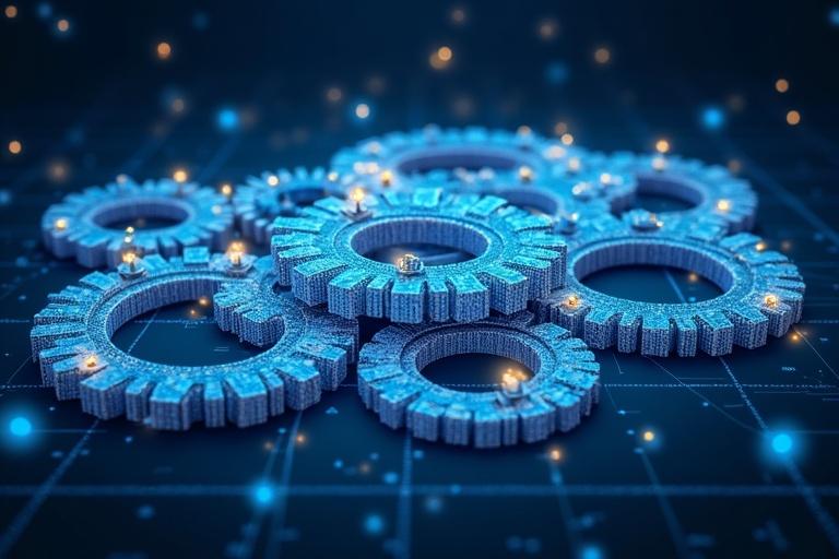 A 3D representation of gears surrounded by glowing chains of computer code small icons of houses coins and ballots are embedded in the chain The background features a dark blue starry sky with a faint grid pattern