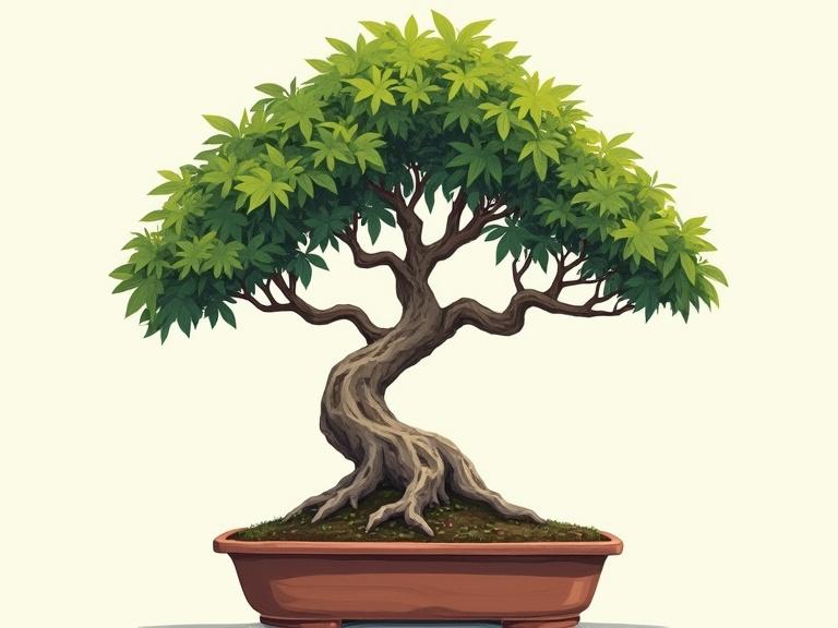 A bonsai tree in a clay pot. The tree has a gnarled trunk and bold green leaves. The background is simple. The art is created using hand painted acrylic techniques.