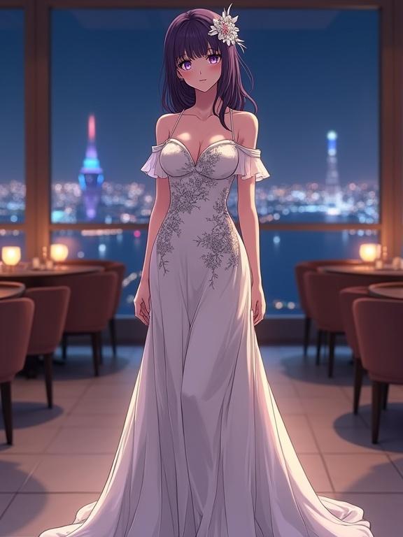 Front view of an anime woman with dark violet hair and captivating eyes. She wears an elegant off-white gown with floral patterns in a luxurious sky lounge at night. The setting has a dazzling cityscape backdrop, soft lighting, and a sophisticated ambiance.