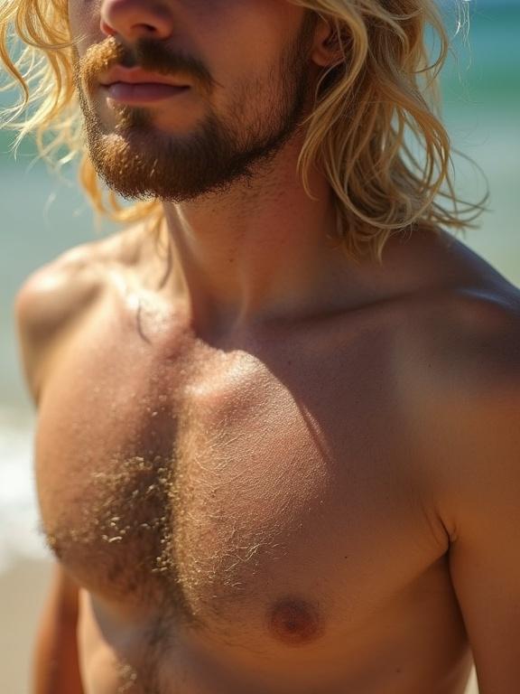 Focus on the upper torso of a male with dense blonde chest hair. Sunlight emphasizes the hair and skin. Light blond body hair is also visible.