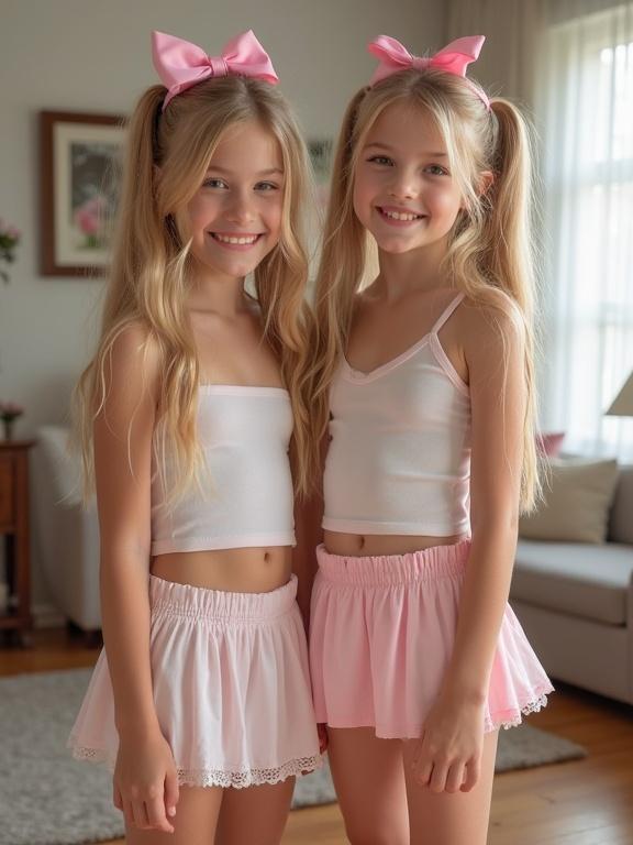Photo of two young girls with long blonde hair and pink bows. They are in a cozy living room. Both wear matching white tops and pink skirts. Happy expression, standing close together. Natural lighting enhances the warm atmosphere.