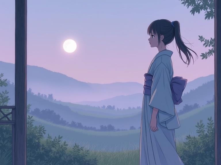 Serene early summer dawn scene in ancient Japan countryside with a young girl on a wooden veranda. The pale lavender sky has the ariake moon. Dew-covered grass and gentle misty hills are in the background. The girl wears a light summer kimono with soft blue and ivory colors. Her expression is calm yet wistful as she gazes towards the horizon.