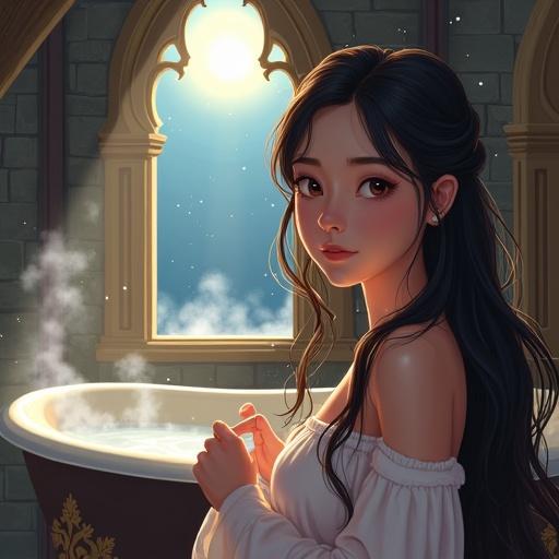 Scene of a fantasy castle tower room. Moonlight beams through an open ornate window. Princess Kim with long dark hair prepares for a bath in a comfortable nightgown. A luxurious bath is indicated by rising steam. Gentle focus on Kim's demeanor and tranquil setting. Warm evening atmosphere.