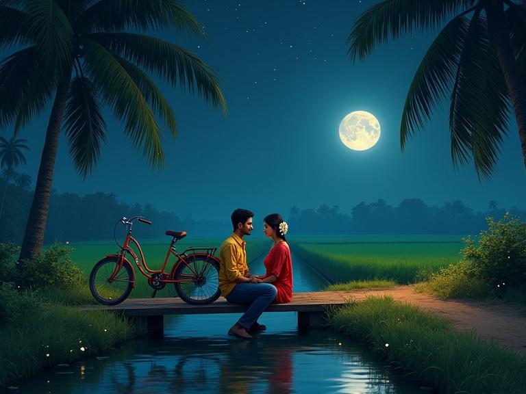 Depicts a romantic South Indian village night scene. A young couple sits on a bridge over calm water. The man wears a yellow checked shirt and blue jeans. The woman is in a red saree with jasmine flowers in her hair. Vintage bicycles are parked nearby. They gaze at each other under a full moon. The sky is dark with stars and palm trees. Fireflies float near bushes. Lush green paddy fields fill the background. The scene is bathed in cool moonlight creating a magical mood.