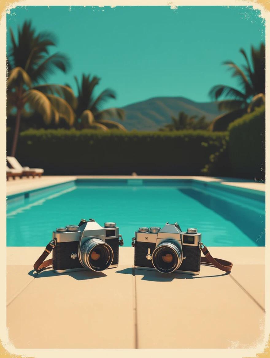 Minimalistic silhouette image of two old cameras beside a swimming pool. Bright turquoise surroundings add interest. Focus on texture and design with negative space emphasized.
