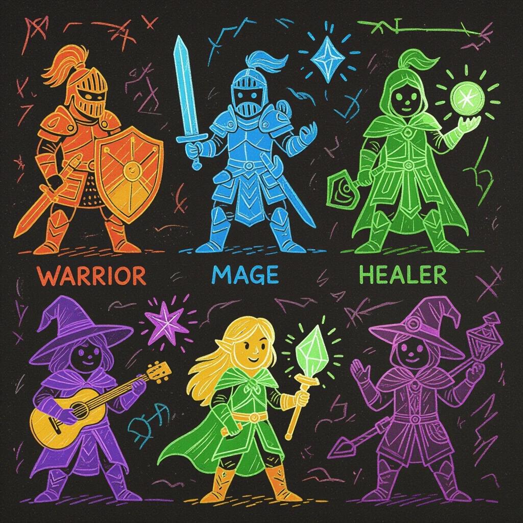 Illustration features RPG character classes in crayon style. Six colorful characters represent different classes: warrior, mage, healer, rogue, bard, artificer. Each class showcases unique abilities. The artwork mimics children's crayon drawings with bright textures and lively designs.