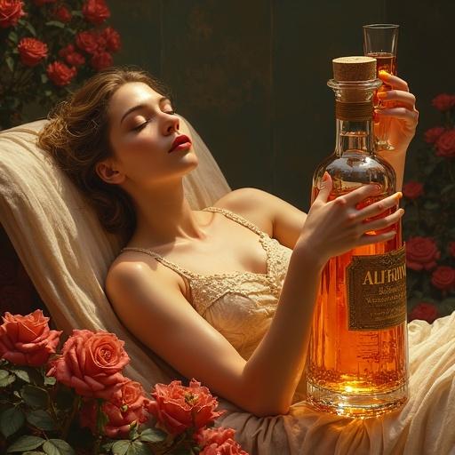 A Renaissance-style painting shows a Germanic goddess reclining in a luxurious spa. She is surrounded by beautiful roses. A spirit bottle filled with golden-reddish liqueur stands prominently in the foreground. The goddess offers a toast with a cocktail glass. The scene radiates an opulent and grand atmosphere reminiscent of Botticelli's works.