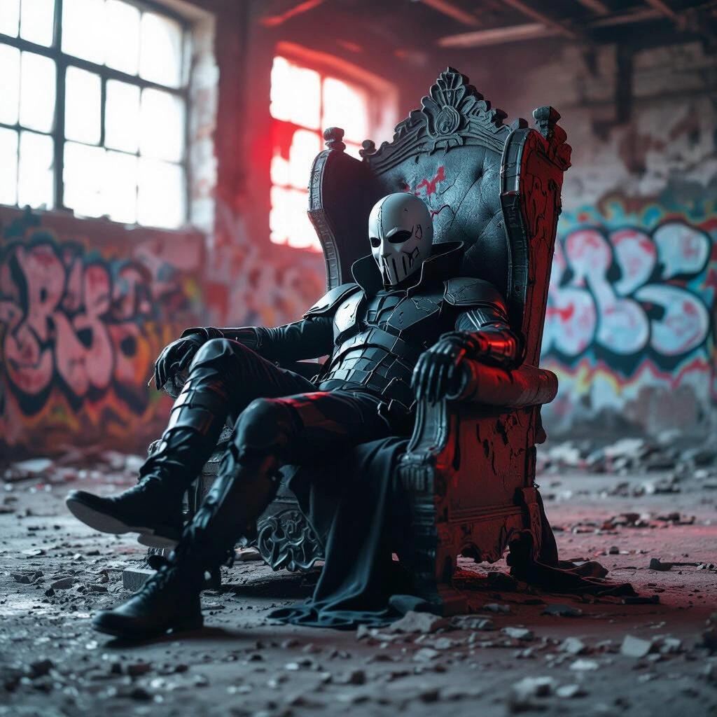 A masked figure lounges sideways on a crumbling throne in a graffiti-covered warehouse. Ambient red and blue lighting enhances the gritty texture, creating a sense of powerful silence.