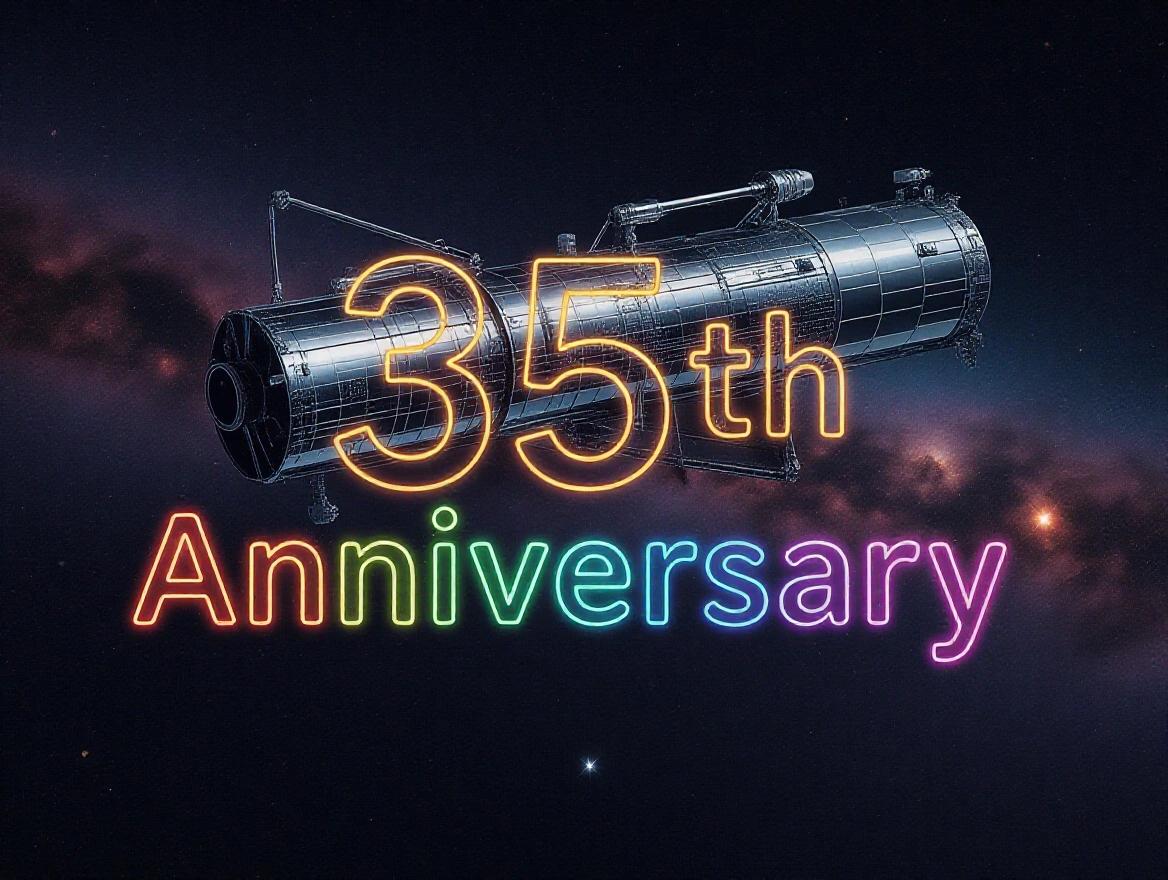 Space telescope Hubble in space. '35th anniversary' text in glowing colors. Modern neon font. Background is space with stars. Realism style.