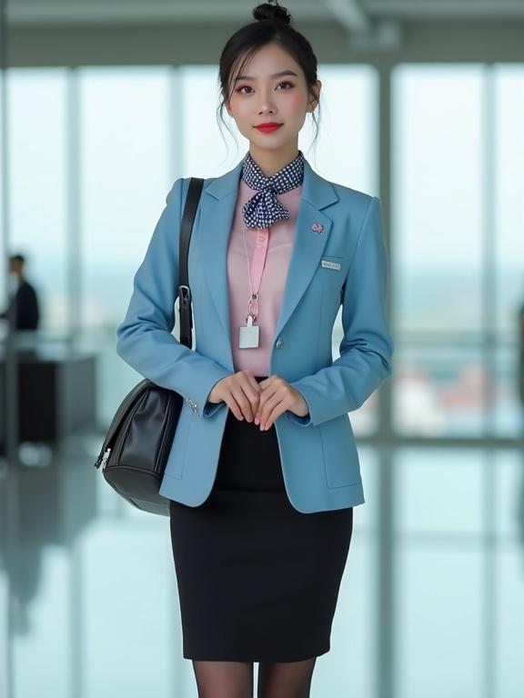 A full-body portrait of an East Asian female model in an airport ground staff uniform. She wears a blush-pink long-sleeve blouse and an azure-blue blazer, paired with a black pencil skirt. A black satchel hangs over her figure. The model's hair is styled in a neat bun. She smiles with light makeup and red lips. A silver name tag and an ID badge on a black lanyard are visible. The background shows an airport terminal with natural light.