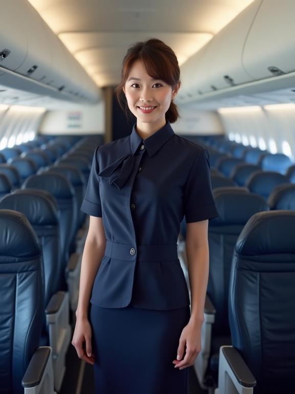 A short Chinese flight attendant stands confidently in the aisle of an airplane. She has brown hair and wears a formal navy blue uniform with an unbuttoned top. The airplane interior features rows of organized seats. The setting is clean and neat.