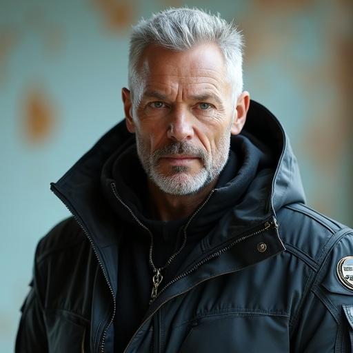 Portrait of a confident man wearing a black jacket with silver hair. He has a serious expression against a blurred background featuring warm tones.