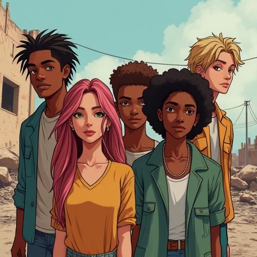 Drawing of a group of friends composed of six people. One black woman with pink hair and green eyes. Next to her is a white friend with blonde dreadlocks and brown eyes. Two handsome young white males who are twins; one looks serious. Two other younger males are present, one with Asian eyes. They are in a ruined, post-apocalyptic city.