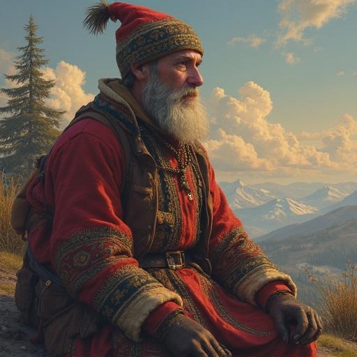 A character dressed in traditional Russian attire stands against a mountain backdrop. The character has a beard, wearing a colorful hat and ornate clothing. The scene is set in a serene outdoor environment.