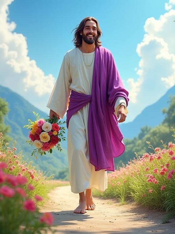 Realistic image of Jesus walking barefoot on a path. He wears a white robe and a bright purple sash. He holds a large bouquet of colorful roses. Background has mountains, blue sky, and flowers. The scene is illuminated by bright sunlight.