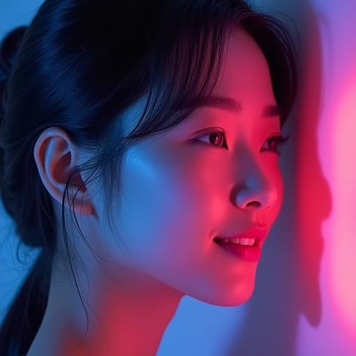 A woman's profile illuminated by vibrant pink and blue lighting. She has soft eyes and a gentle smile. The image captures the beauty of the woman's face.
