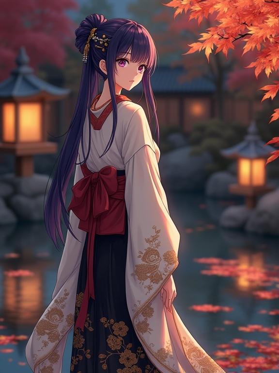 Full-body anime character in a Japanese garden at night. She has long dark violet hair in an updo with hairpins. Violet eyes and a calm expression. Wearing a luxurious kimono with white sleeves and gold patterns. Tied with a red obi belt. Standing near a koi pond with fallen maple leaves. Soft light from lanterns. Magical and peaceful scene with reflections in water.