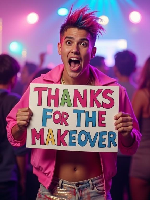 A vibrant young man has an excited expression and strikes a dynamic pose. Hair has bright colors like pink and blue. Wearing stylish colorful clothing. Holding a sign that reads 'THANKS FOR THE MAKEOVER'. Background features a lively party scene with colorful lights.