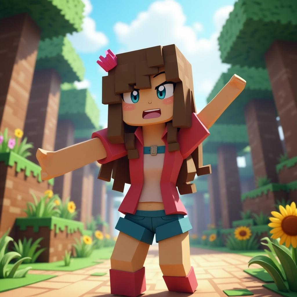 Vibrant Minecraft scene featuring an animated girl character. Character has long hair and a crown, joyfully dancing. Surrounded by trees and flowers, showcasing the colorful Minecraft environment.