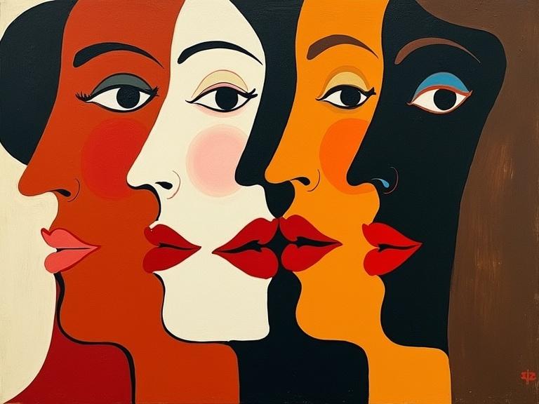Geometric abstraction art inspired by Modigliani. Features abstract human faces with emphasis on lips and shapes. The artwork conveys emotion through color and form.