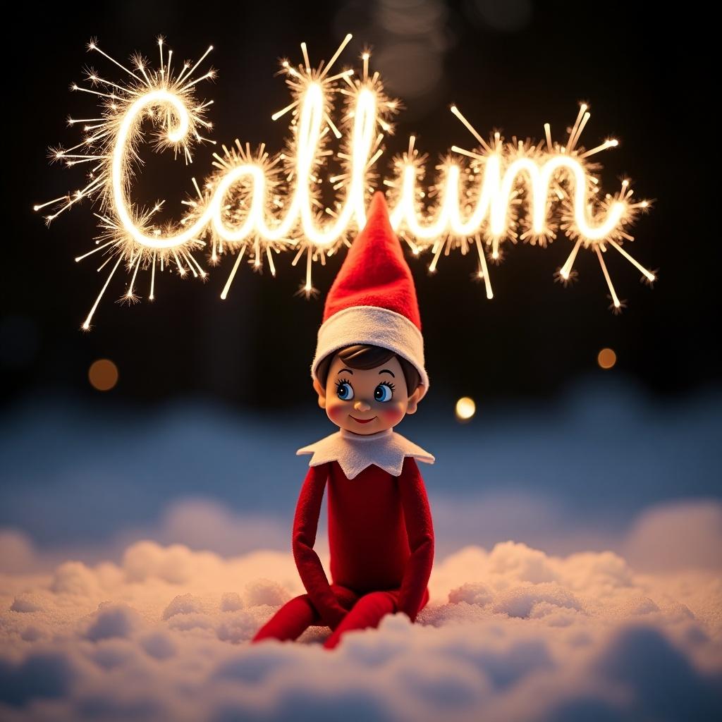 Magical night scene features Elf on the Shelf. Snow covers the ground softly. Sparkler lights create the name 'Callum' above. Background is dark to highlight glowing elements. Elf has a cheerful expression, sitting in the snow. Festive and enchanting holiday theme is captured.