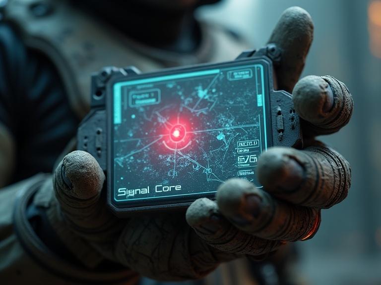 Close-up view of a hand wearing dusty gloves. The hand holds a holographic map screen. A blinking red beacon is marked as Signal Core. The scene has a shaky camera effect. The background hints at a science fiction setting.
