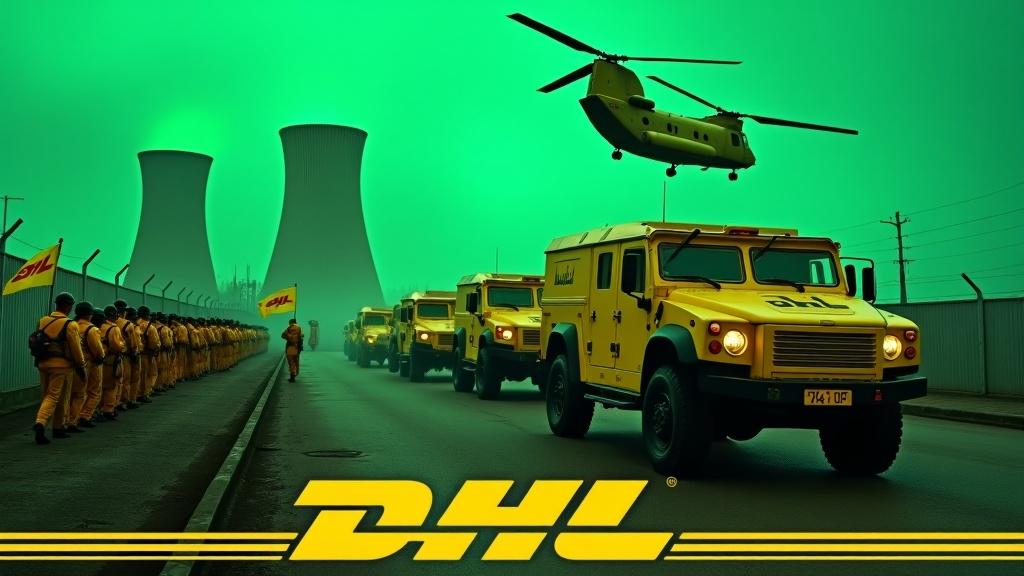 In a dramatic scene, several large yellow armored cars drive up to a fence. The armored cars are painted with the DHL logo. Nearby, several soldiers wearing yellow uniforms and holding rifles are seen marching together in unison. One soldier is holding a flag with the DHL logo. In the background, we can see the prominent smokestacks of a nuclear power plant, glowing green. The sky is awash with an evil green glow, and a large yellow Chinook cargo helicopter flies above, adding to the intensity of the scene. At the bottom, we see the DHL logo, displayed in bold, yellow text.