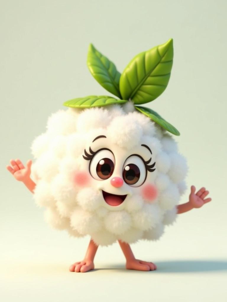 Design a delightful and whimsical 3D cartoon character named Cotty the Cotton Ball. Cotty is a small fluffy ball of cotton with a soft cloud-like texture. Big sparkling eyes full of curiosity and joy. Wide cheerful smile. Tiny flexible arms and legs. An adorable green leaf hat. Exudes playfulness innocence and environmental consciousness.