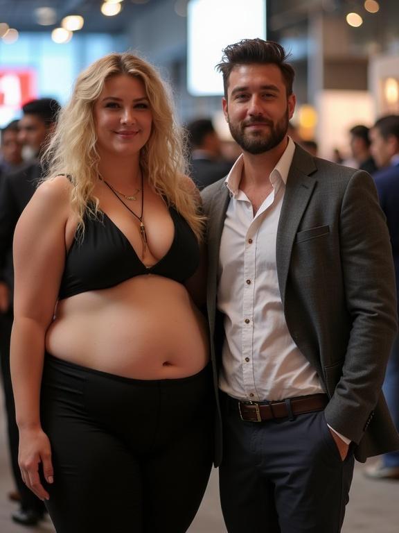An image of a confident plus-size model with blonde hair and a small skinny man taken at a conference. The model has big hips, cleavage, and is wearing modern attire. They are positioned together for a casual photo.