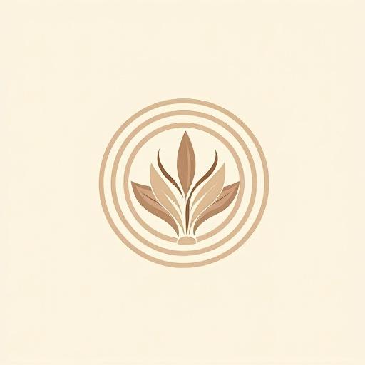 Minimalist design featuring a circular frame and abstract floral motif at the center. Flowers made with flowing lines create elegant curves. Surrounding concentric circles enhance visual harmony. Warm brown contrasts with light background for a serene effect. Suitable for logos and decorative art emphasizing nature and harmony.