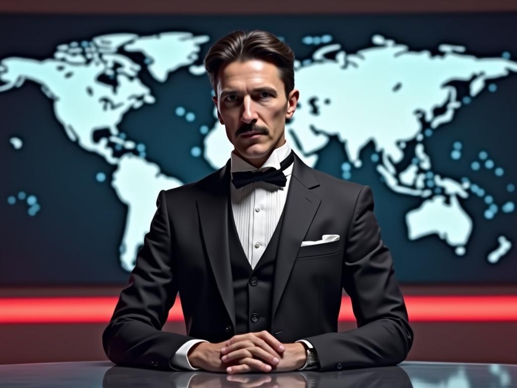 Realistic depiction of Nikola Tesla as a news anchor in front of a world map. Dressed in a tuxedo with a mustache. The background resembles a news studio.